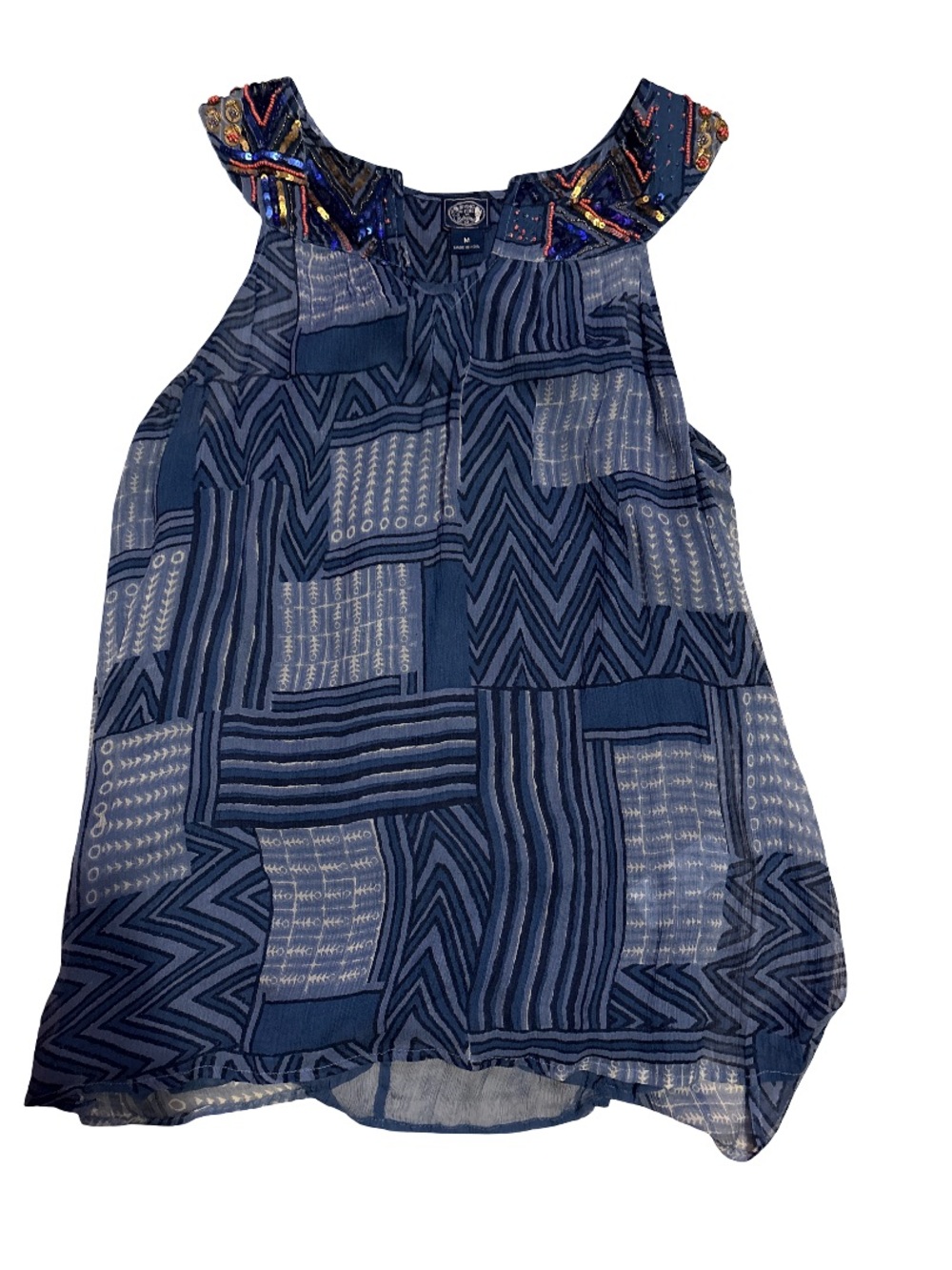Lucky Brand Blue Patchwork Print Beaded Neck Camisole